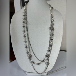 Long multi strand silvertone pearl and faceted bead necklace